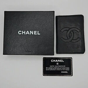Chanel CC Logo Lambskin Leather Bifold Card Case Black with auth card and box